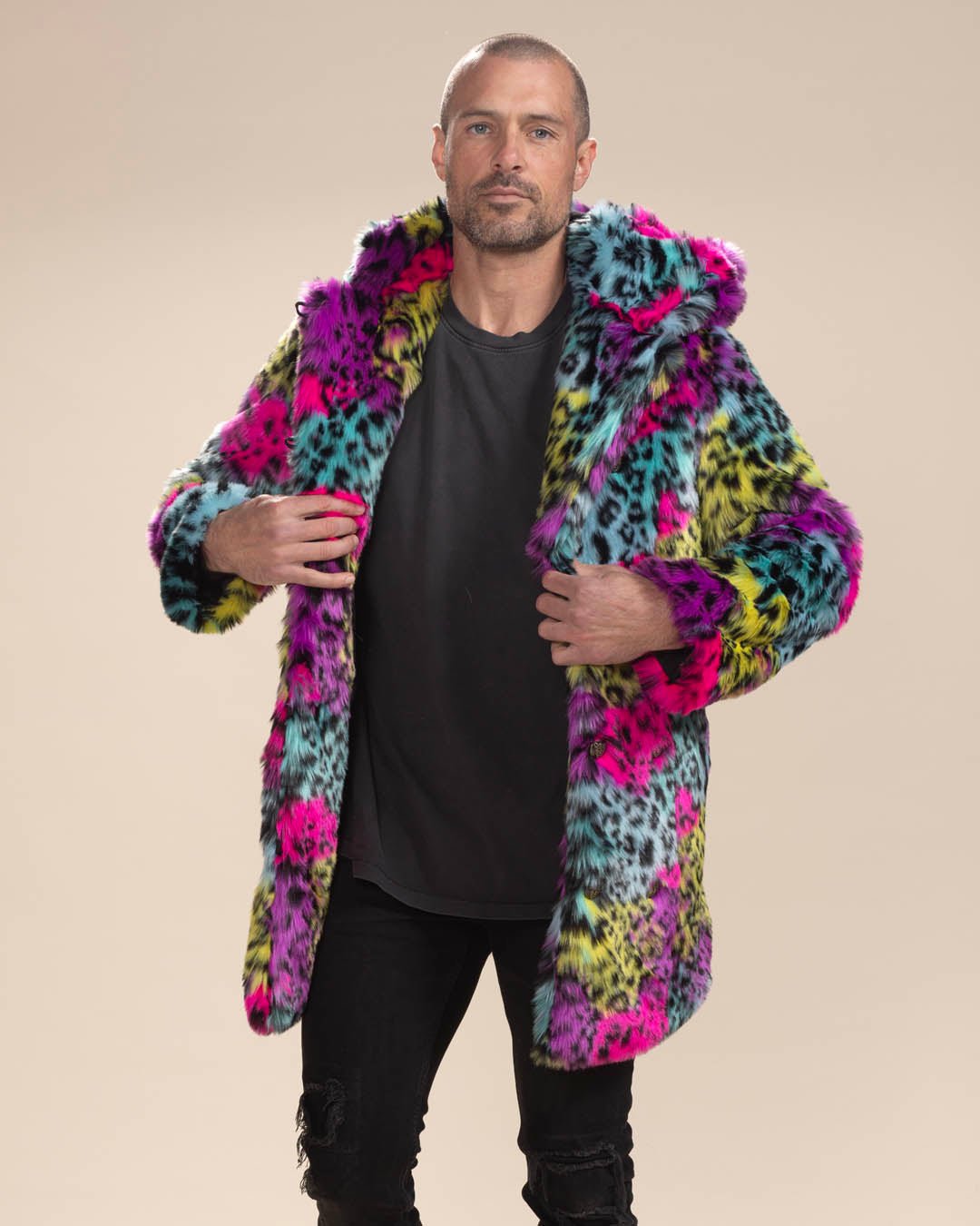 Classic Men's Faux Fur Coat | Neon Graffiti Leopard