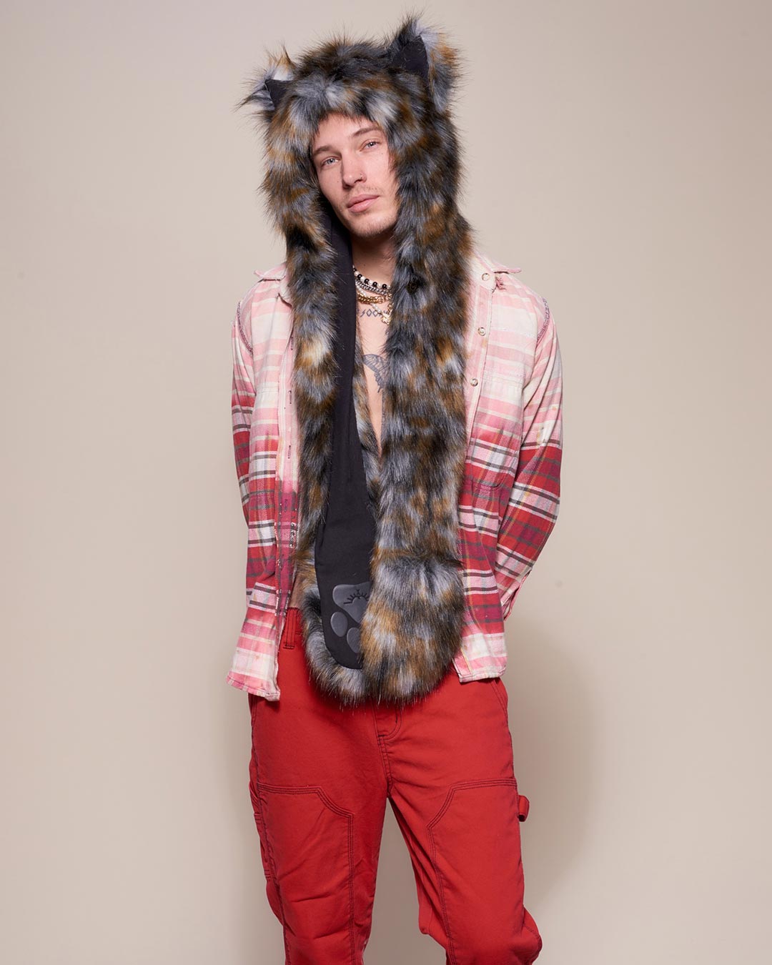 Man wearing Brindle Wolf Collector Edition Faux Fur Hood, front view 2