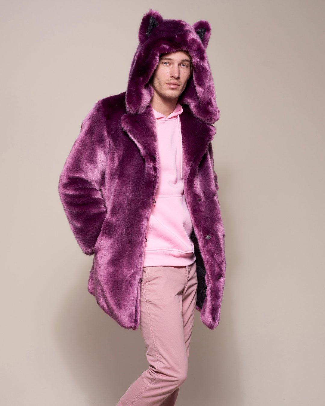 Man wearing Lavender Wolf Luxe Classic Faux Fur Coat, front view 3