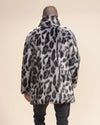 Bald model showcasing the full back of the Collared Himalayan Snow Leopard Faux Fur Coat. Bold and distinctive.