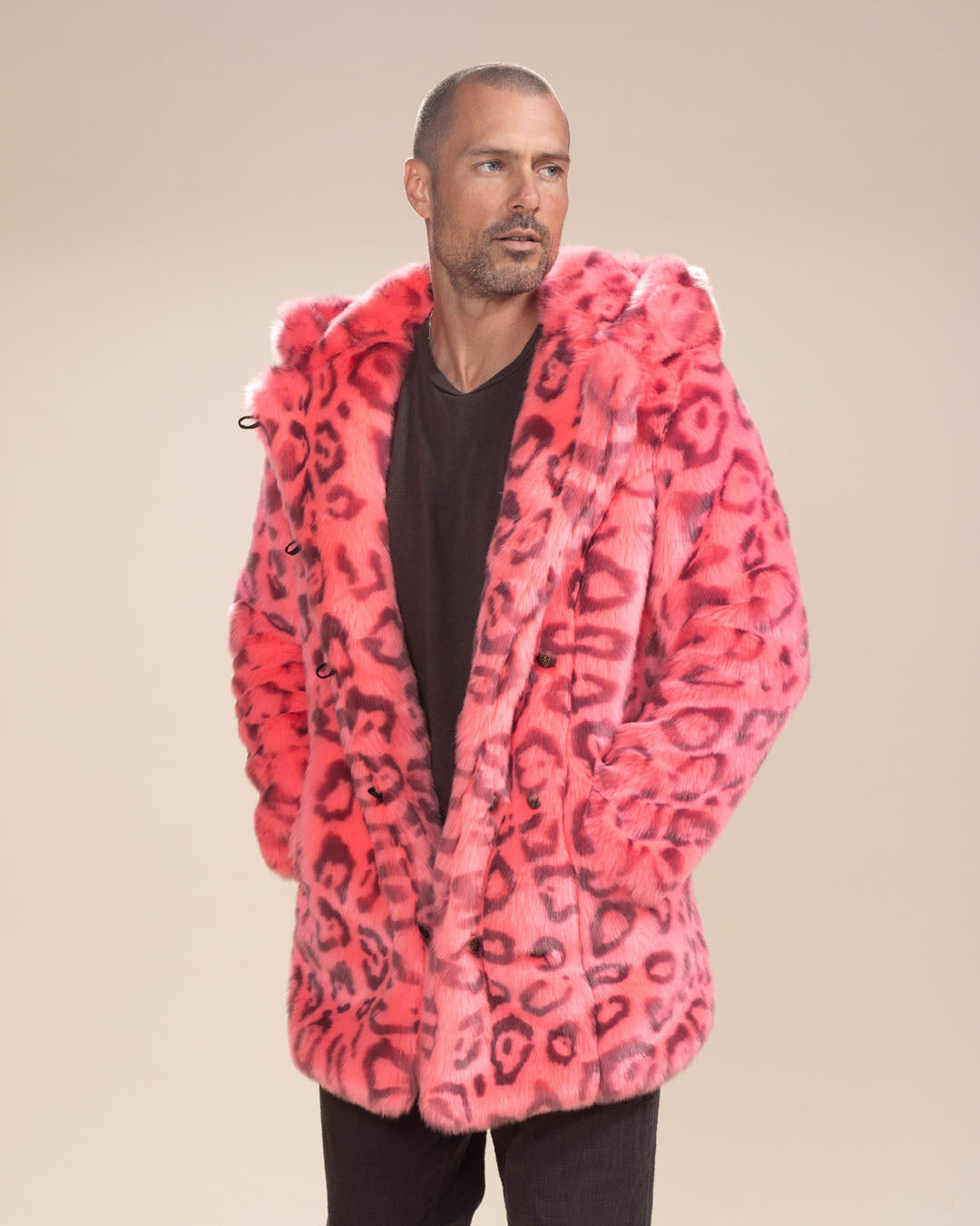 Hot Pink Leopard Men&#39;s Faux Fur Coat | Classic