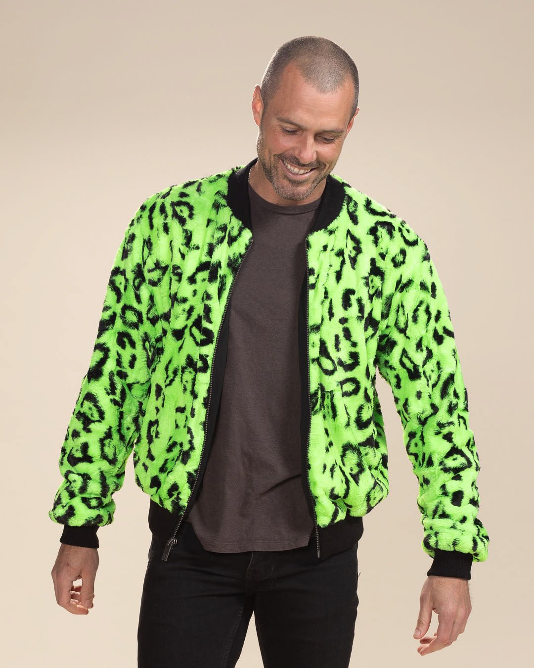 Men&#39;s Colorful Faux Fur Jacket | Neon Green Leopard