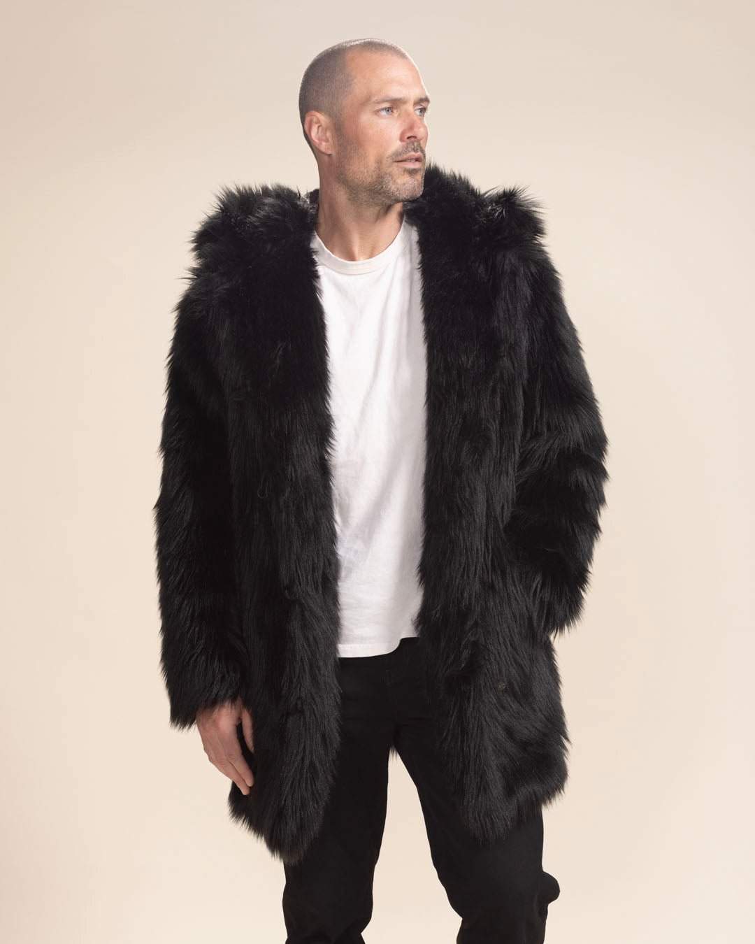 Men s Black Faux Fur Coat With Hood Black Wolf SpiritHoods