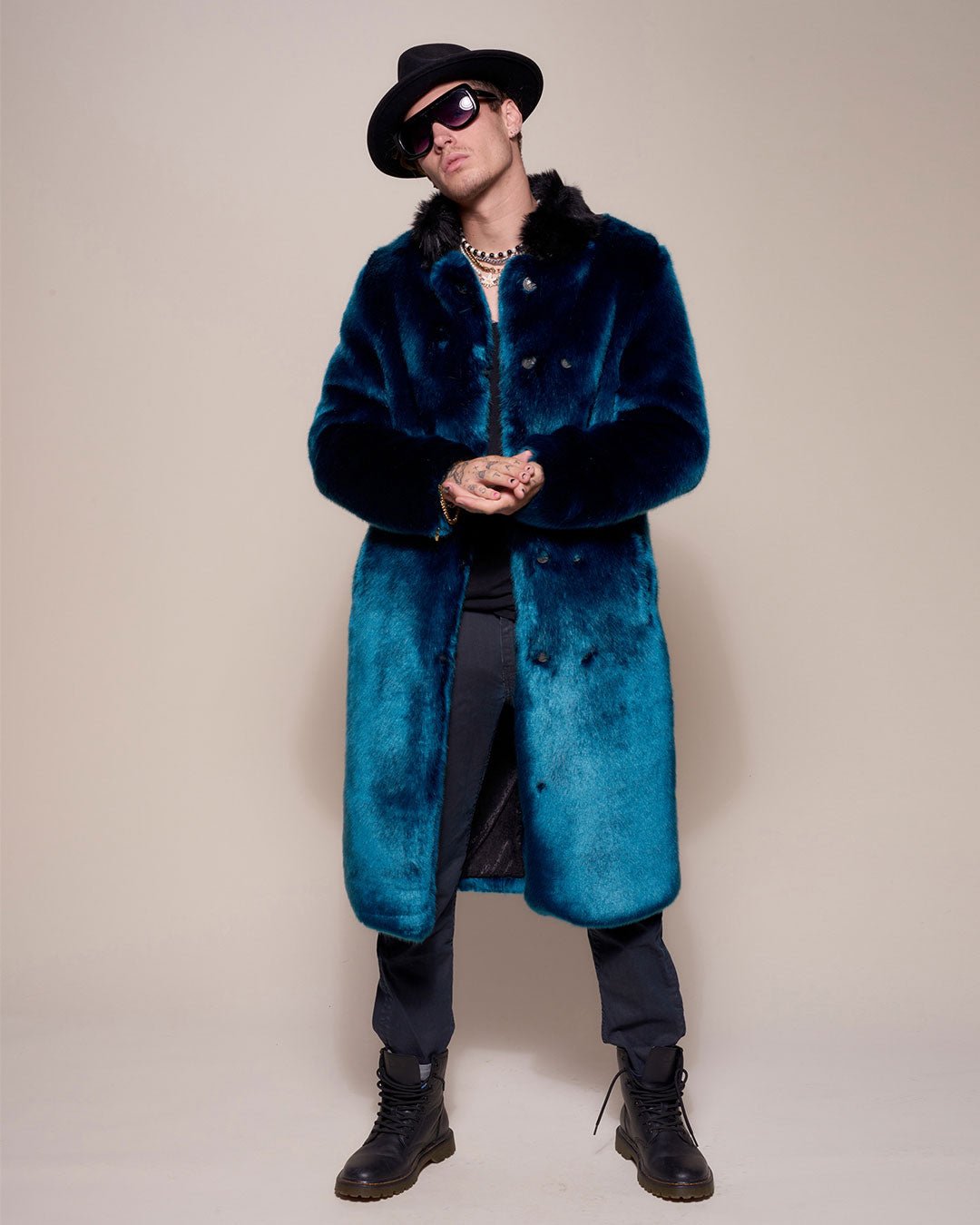 Man wearing Royal Wolf Luxe Calf Length Faux Fur Coat, front view 1