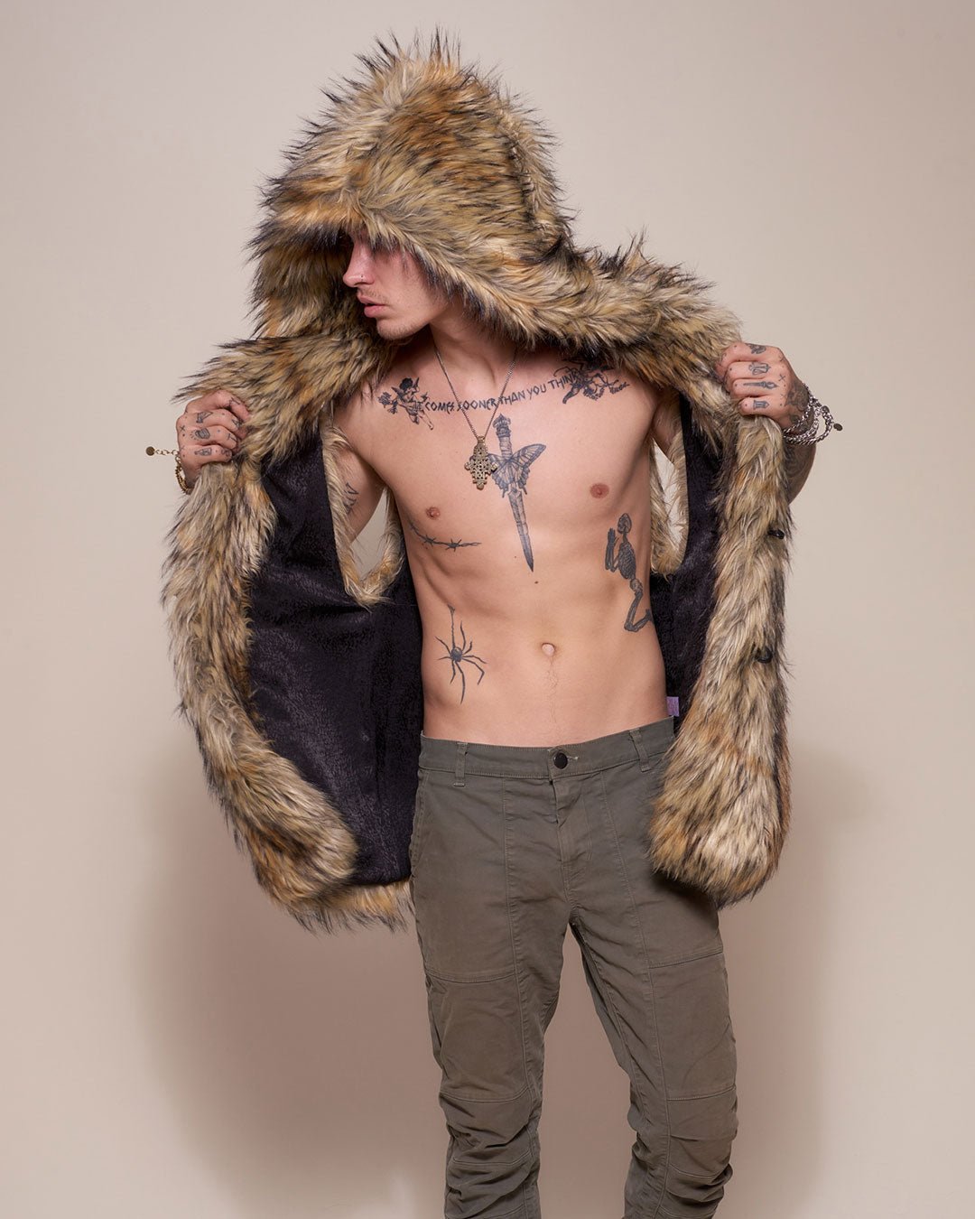 Man wearing Golden Jackal Faux Fur Vest, front view 1