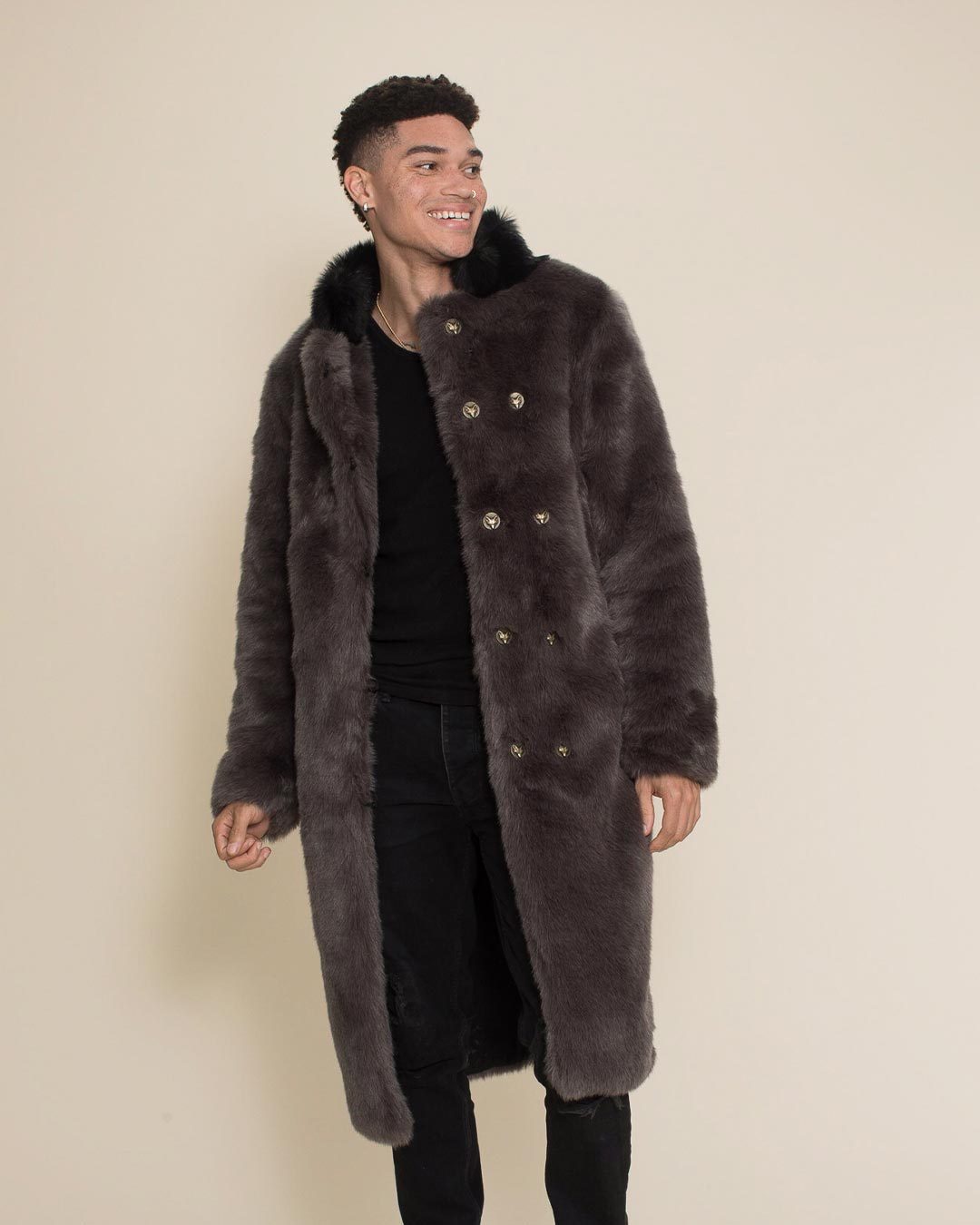 Grey Fox Calf Length Faux Fur Coat | Men's