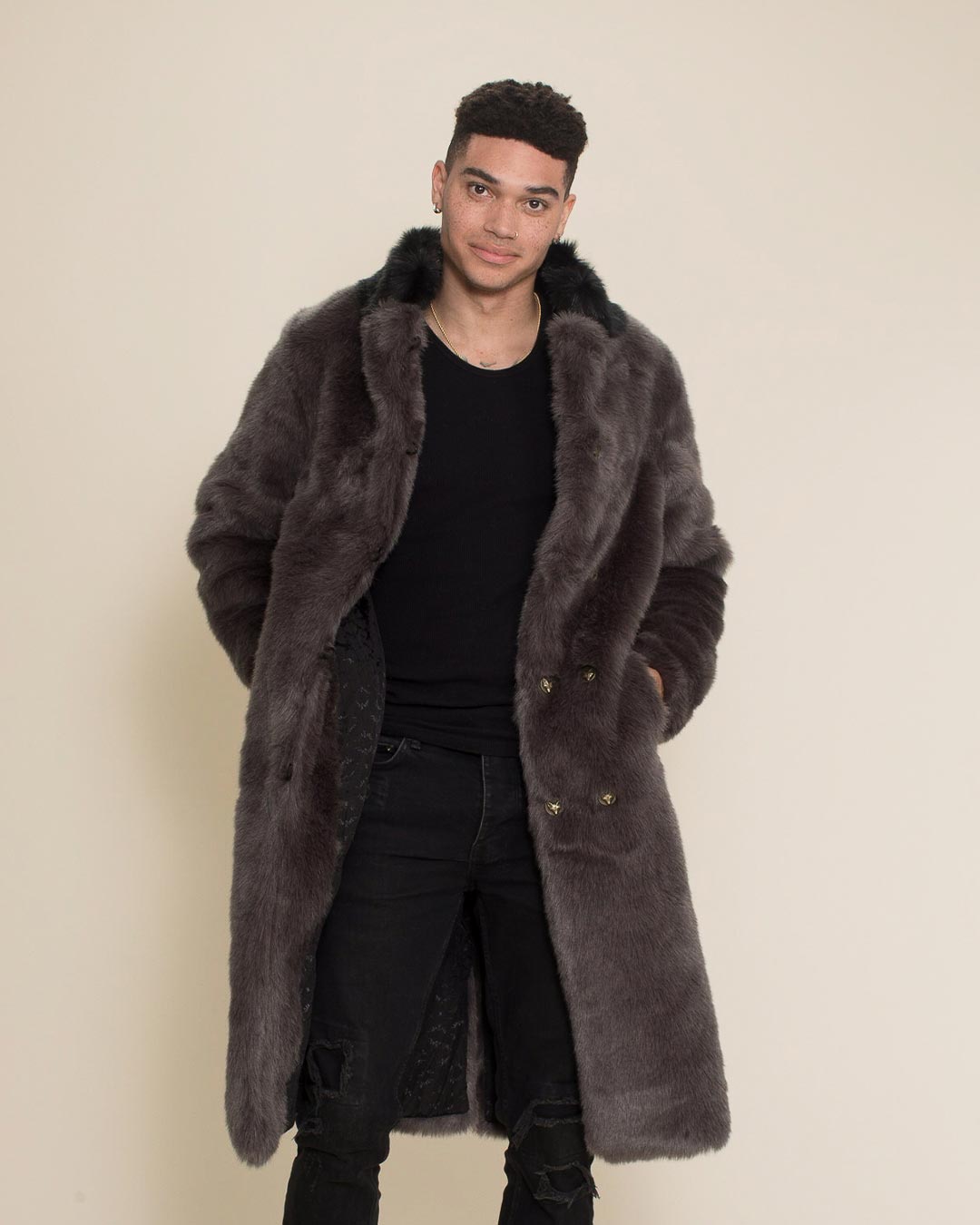 Grey Fox Calf Length Faux Fur Coat | Men's