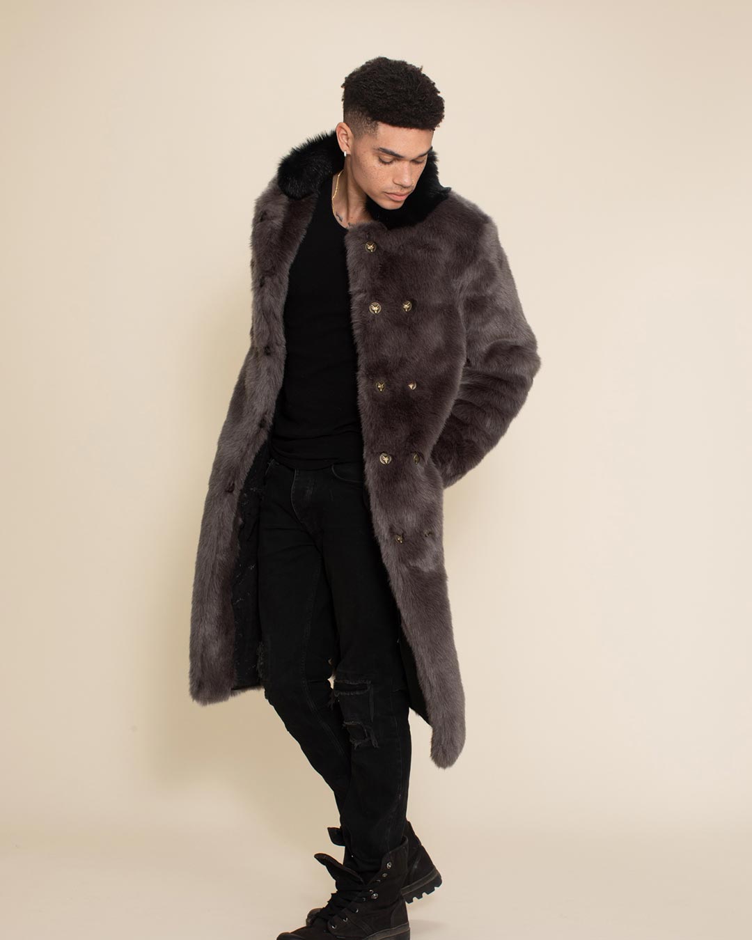 Grey Fox Calf Length Faux Fur Coat | Men's