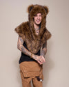 Man wearing Grizzly Bear Collector Edition Faux Fur Shawl, front view 1