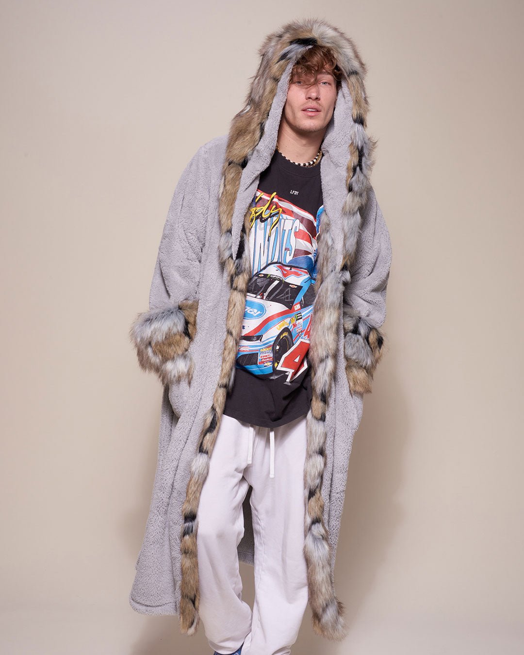 Man wearing Hooded Wolverine Faux Fur House Robe