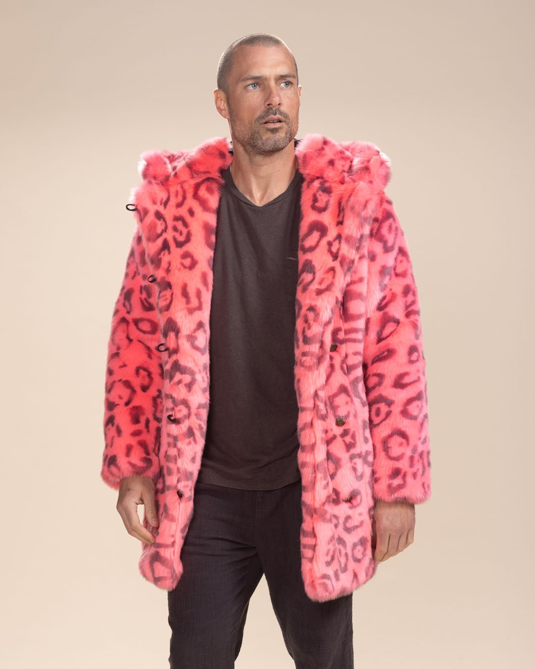 Men s Faux Fur Coat with Hood Hot Pink Leopard SpiritHoods