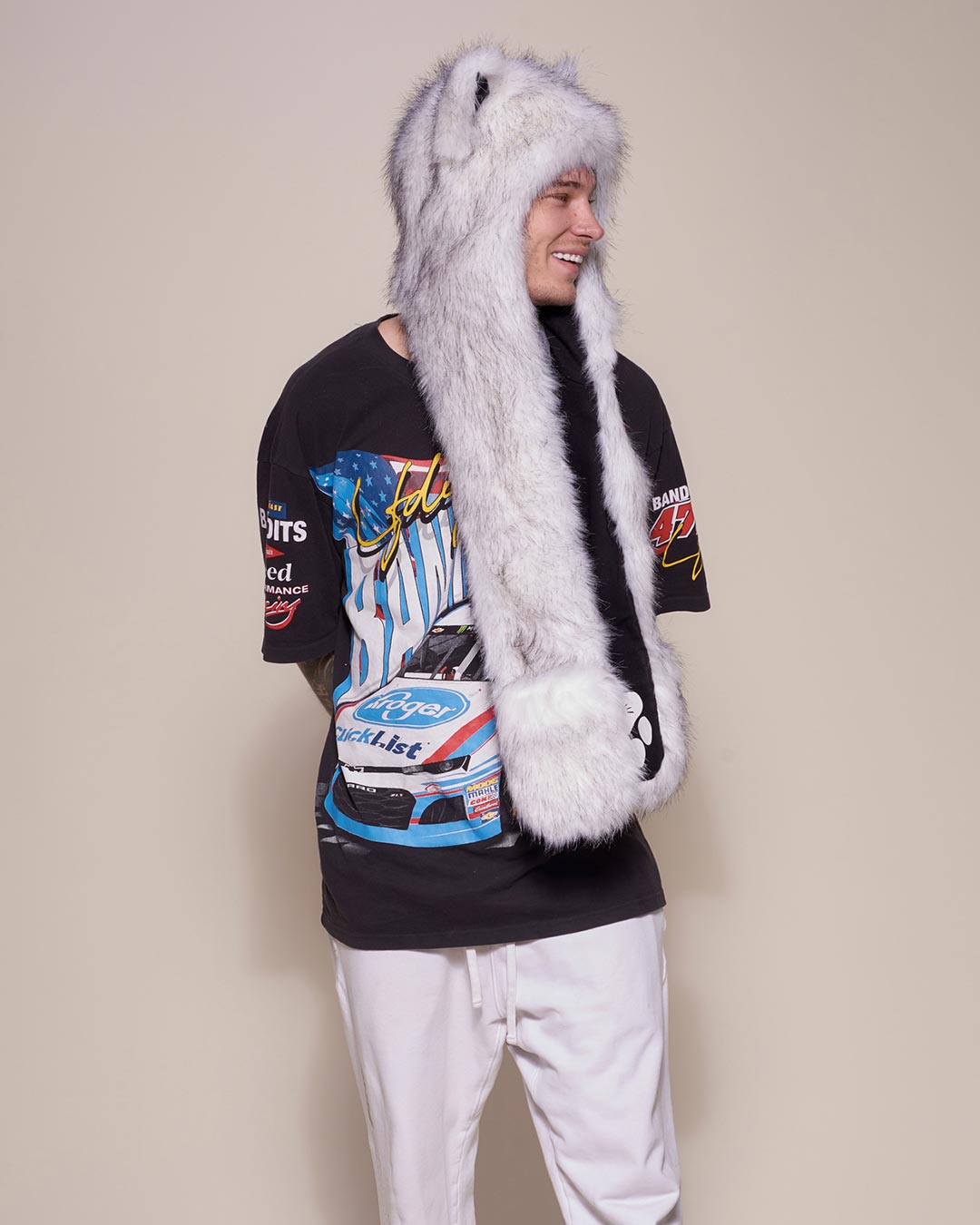 Hooded Faux Fur with Husky Design on Man