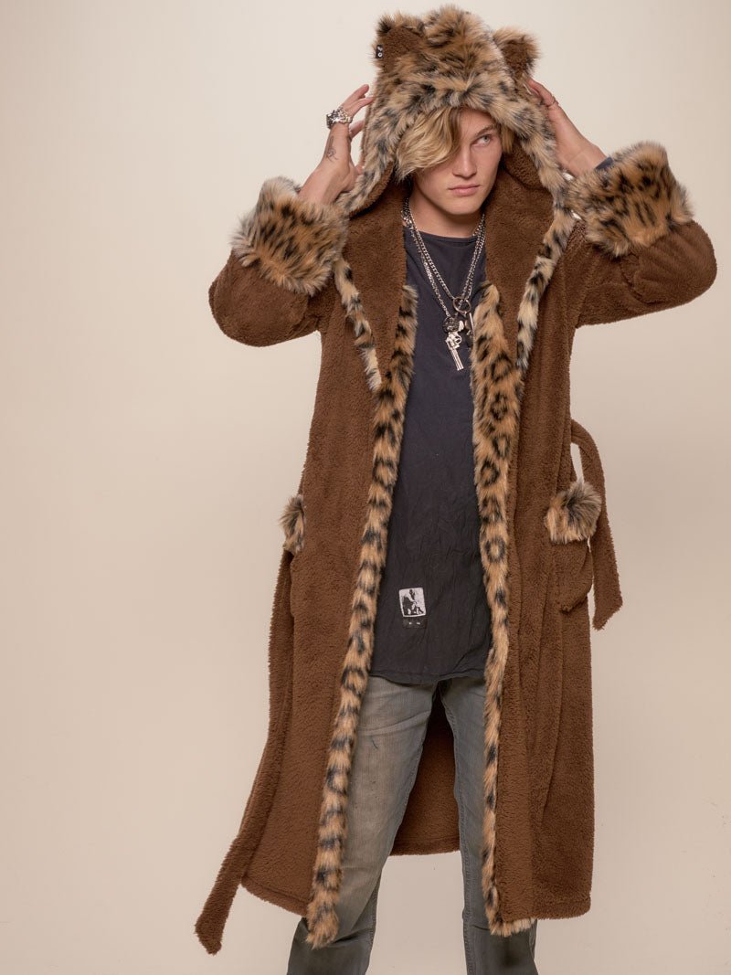 Man wearing Classic Leopard Faux Fur House Robe, front view