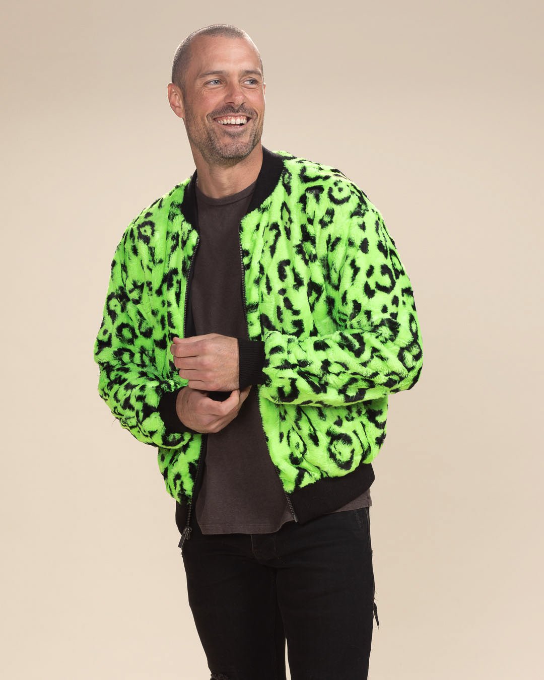 Men's Colorful Faux Fur Jacket | Neon Green Leopard