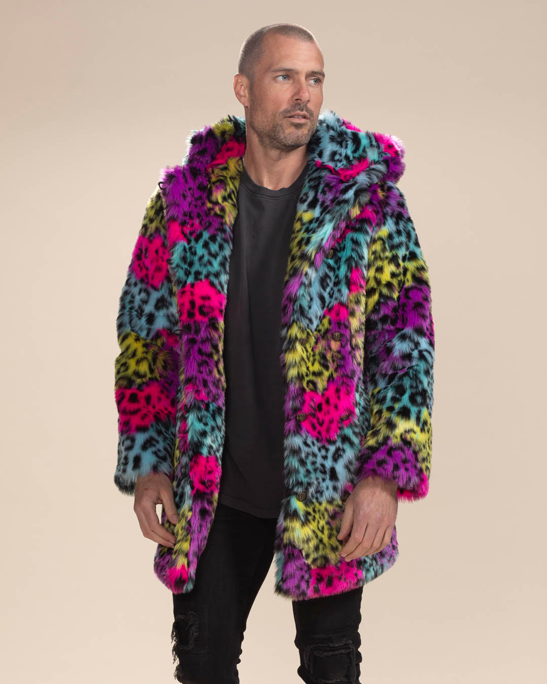 Classic Men's Faux Fur Coat | Neon Graffiti Leopard