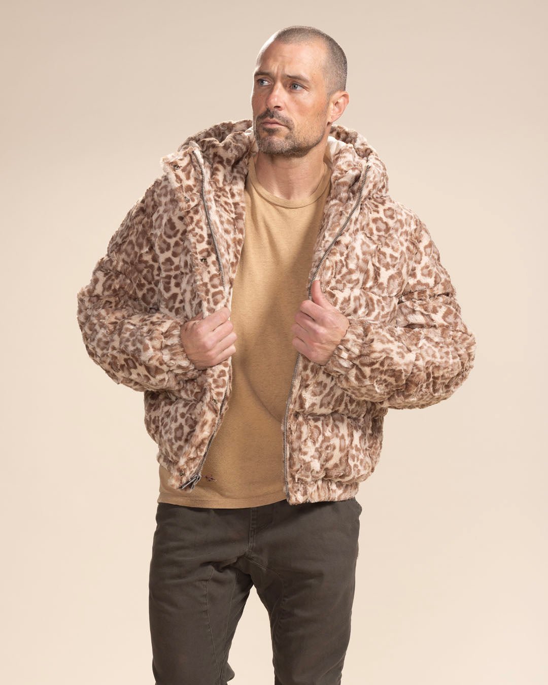 Classic Men's Puffer Jacket With Hood | Tan Leopard