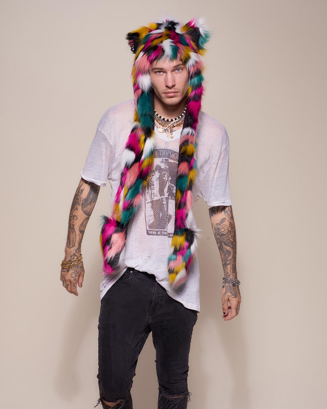 Man wearing Rainbow Leopard Collector Edition Faux Fur Hood, front view 1