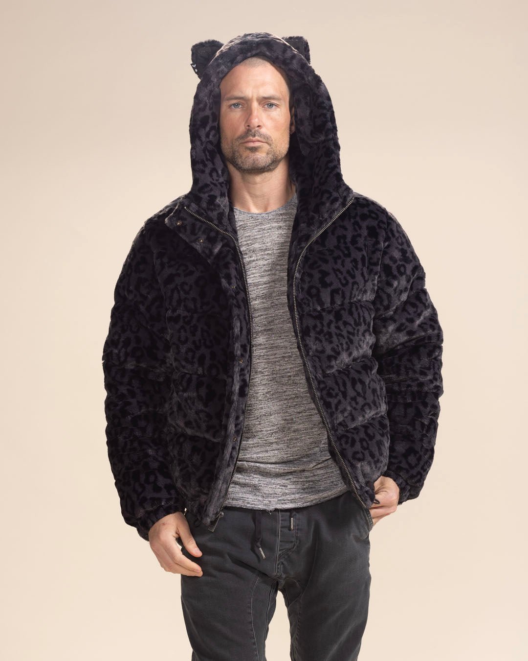 Classic Men's Black Puffer Jacket With Hood | Slate Leopard