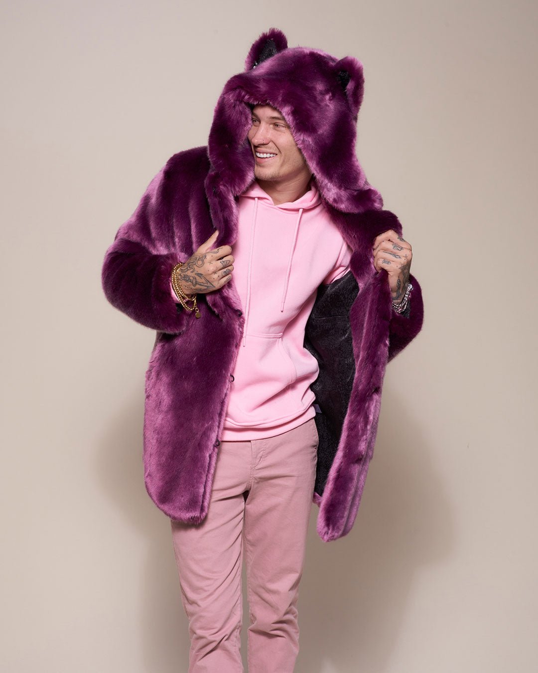 Men s Faux Fur Coat With Hood Lavender Wolf SpiritHoods