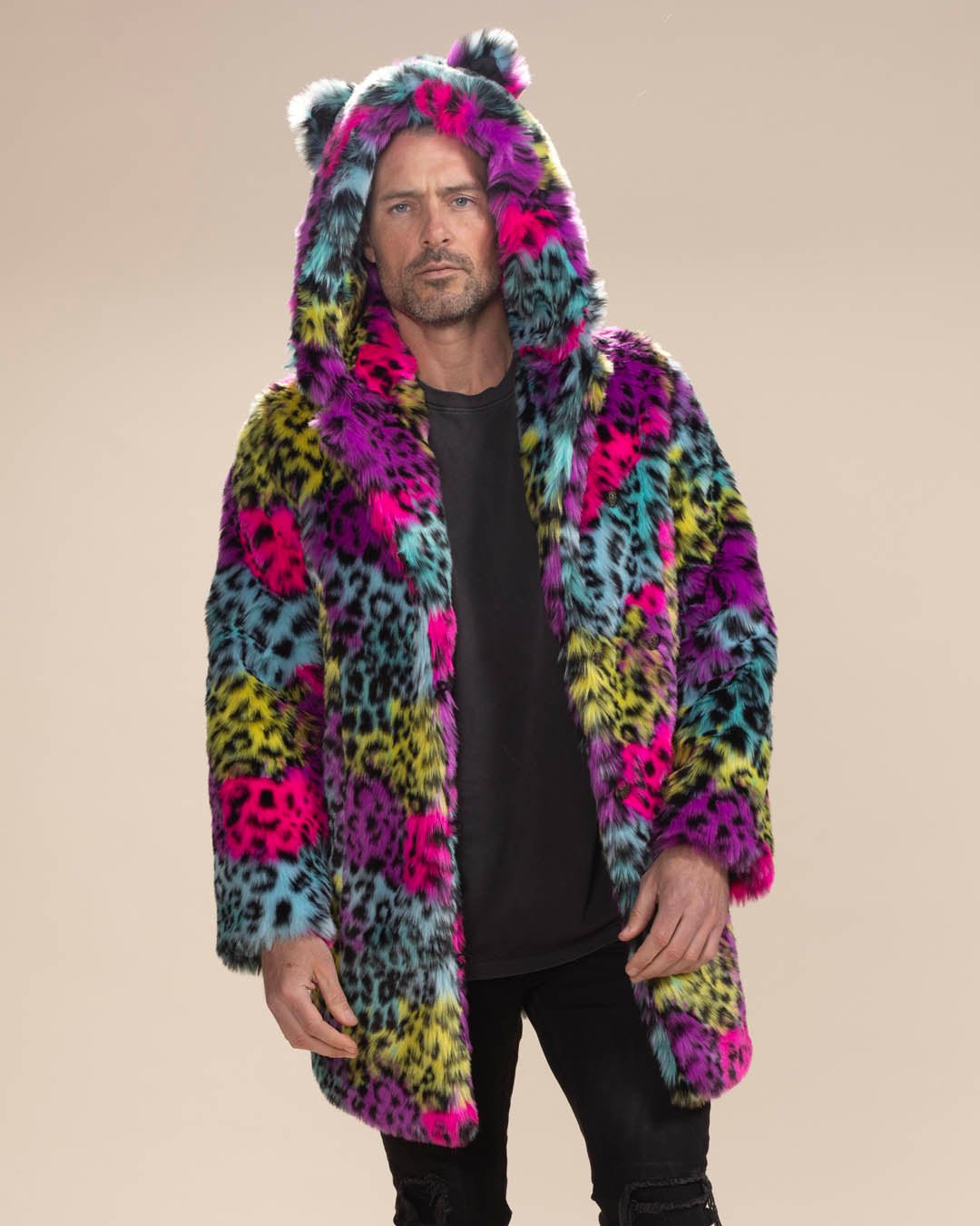 Classic Men's Faux Fur Coat | Neon Graffiti Leopard