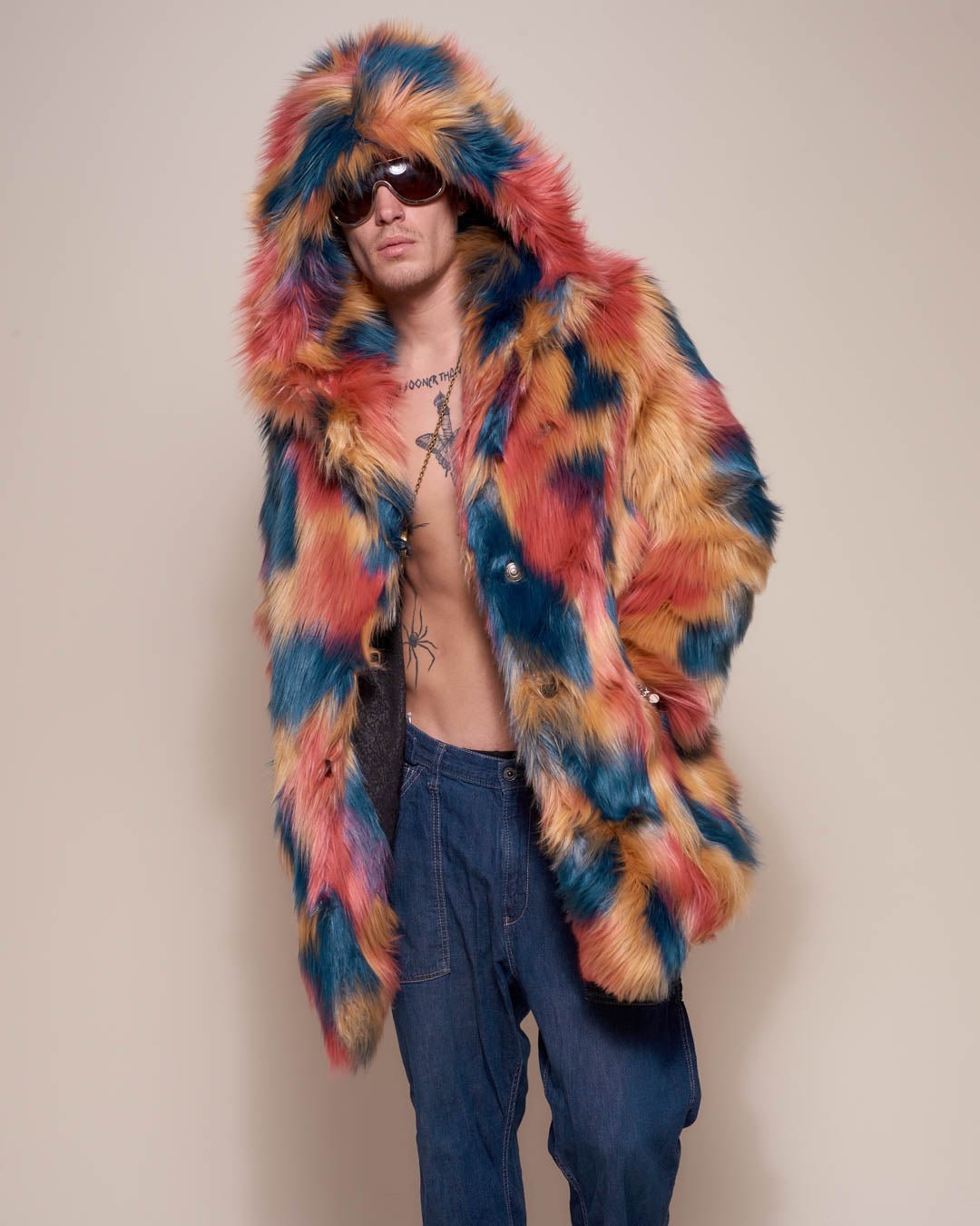 Man wearing American Swallow Hooded Faux Fur Coat, side view 1