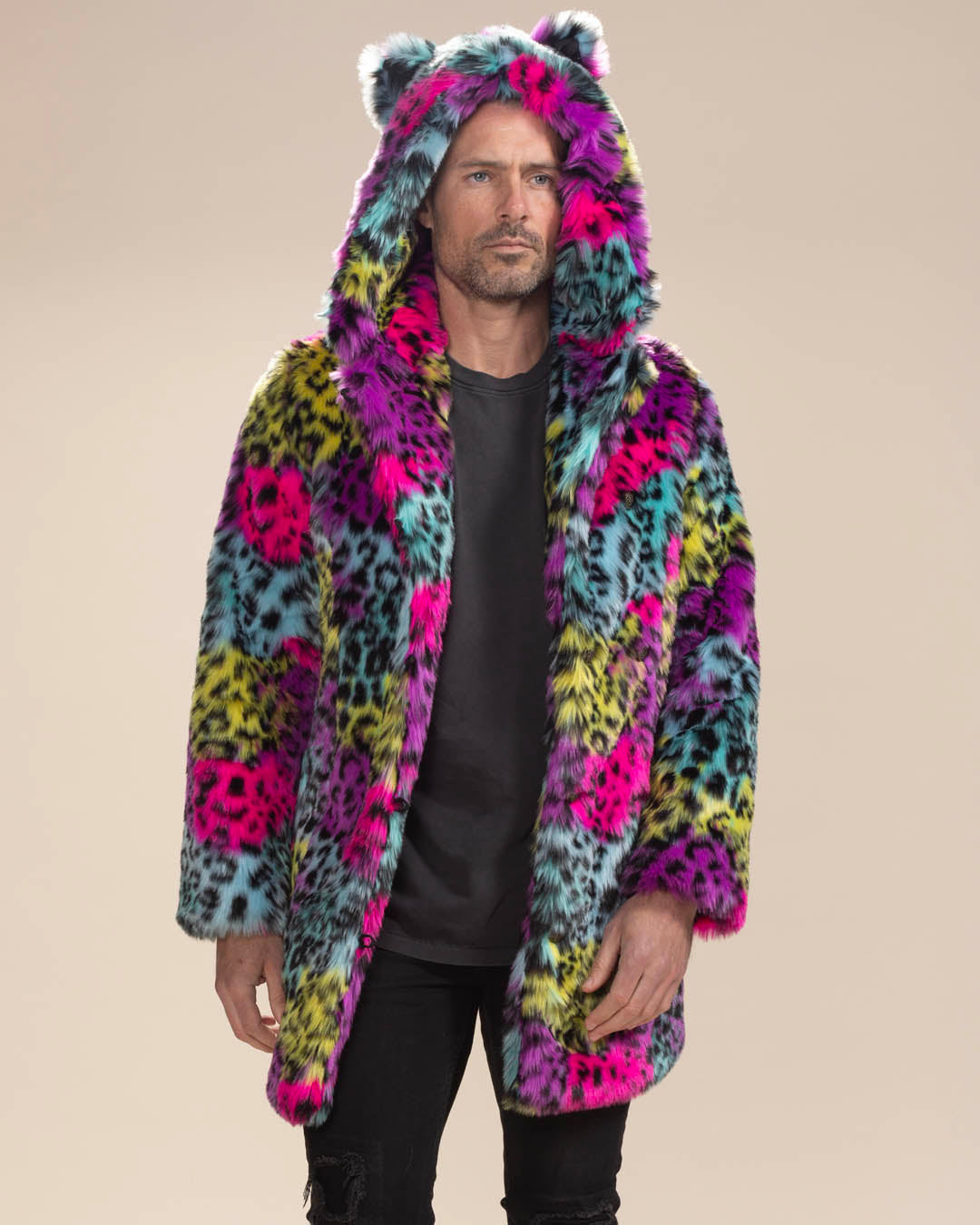 Classic Men&#39;s Faux Fur Coat | Neon Graffiti Leopard