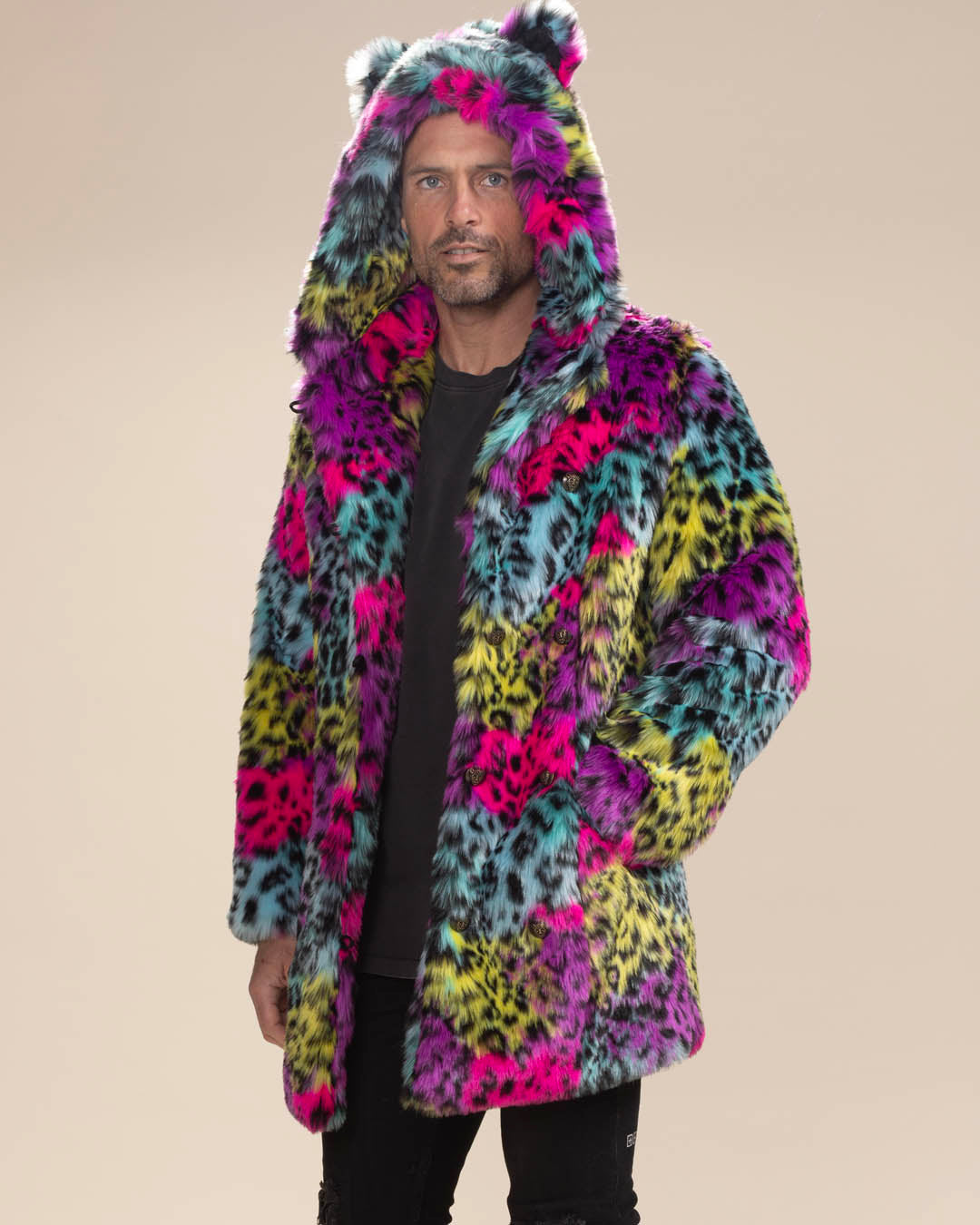 Classic Men's Faux Fur Coat | Neon Graffiti Leopard