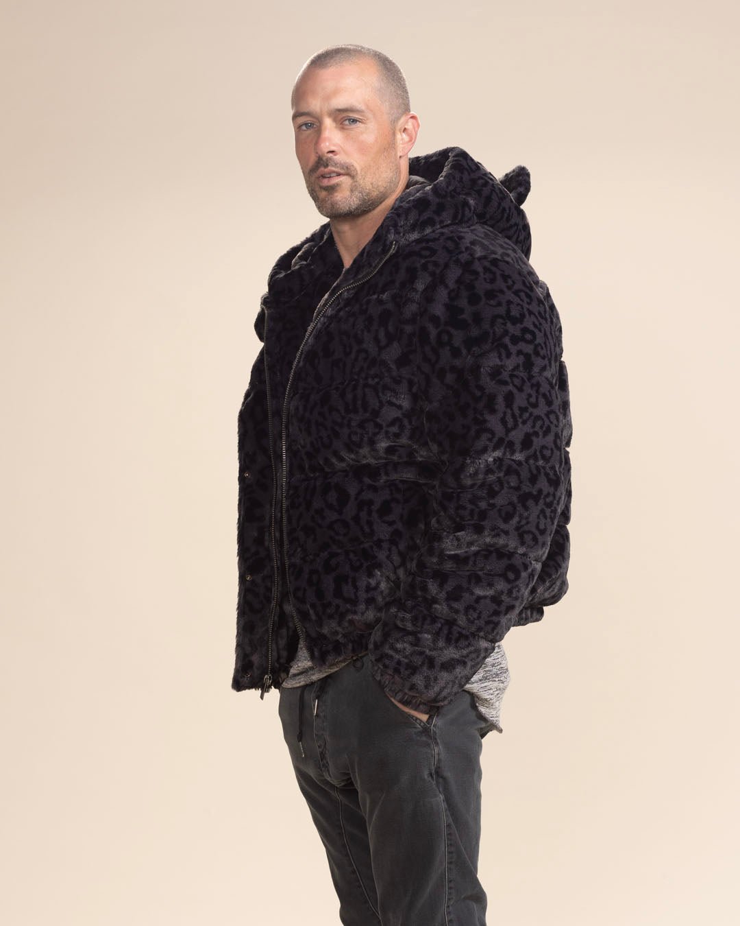 Classic Men's Black Puffer Jacket With Hood | Slate Leopard