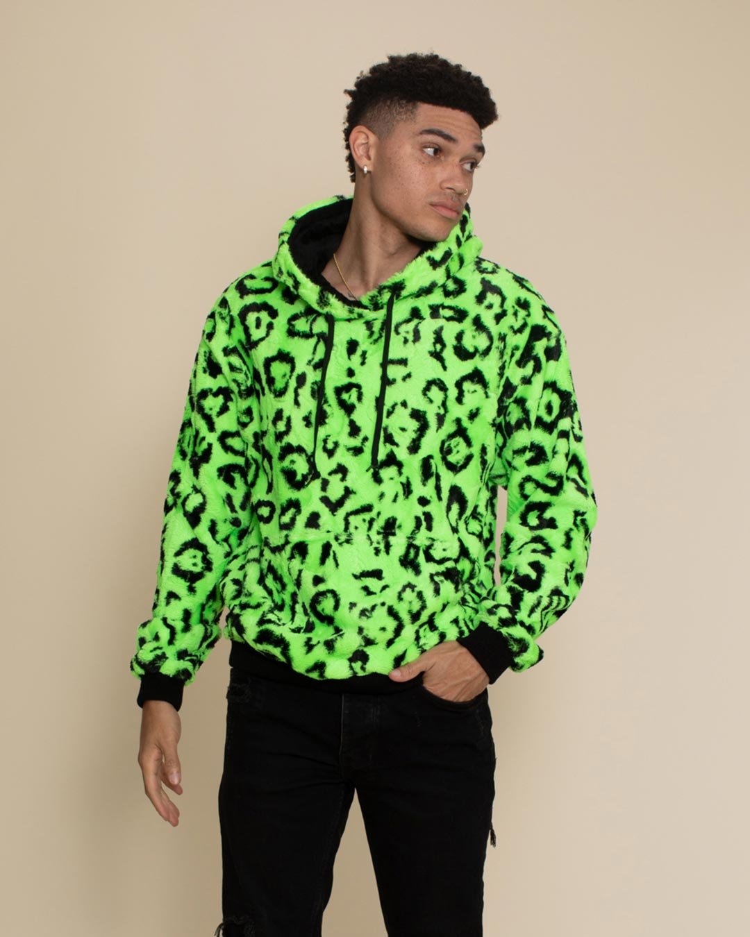 Men's Fur Hoodie | Neon Green Leopard