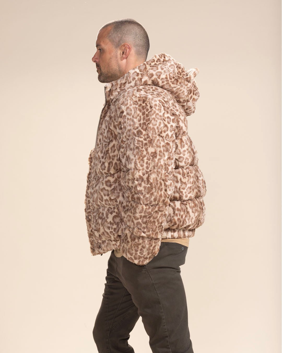 Classic Men's Puffer Jacket With Hood | Tan Leopard