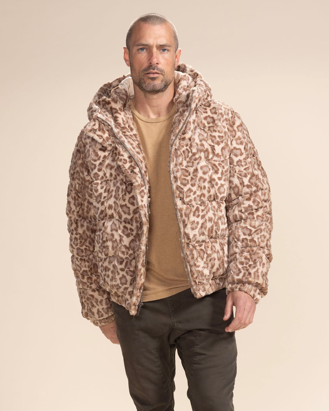 Classic Men&#39;s Puffer Jacket With Hood | Tan Leopard