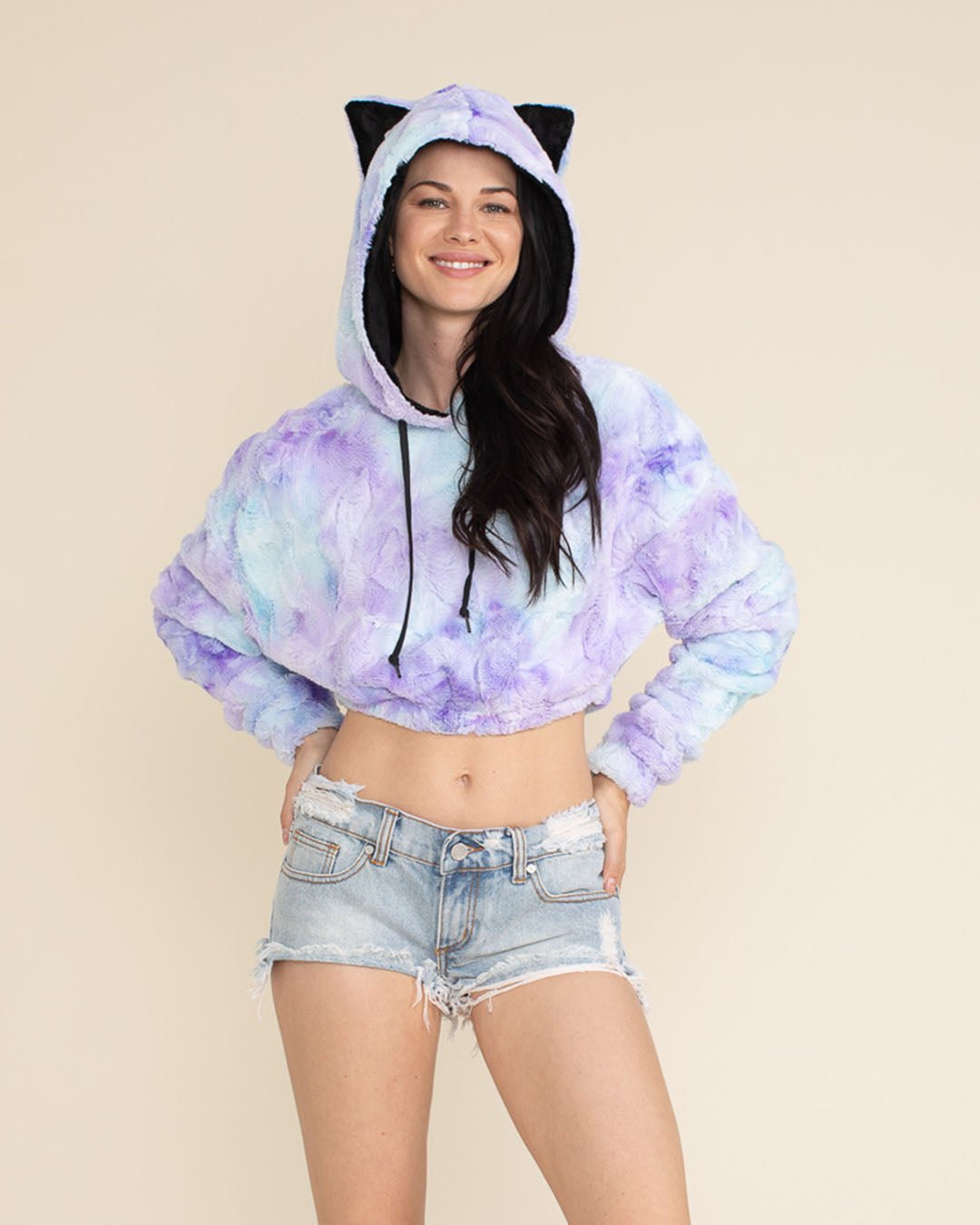 Mer Kitty Women s Ultra Soft Faux Fur Crop Hoodie Classic Style Spirithoods Purple Blue XL