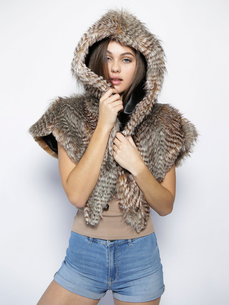 Woman wearing faux fur NightHawk Shawl, front view