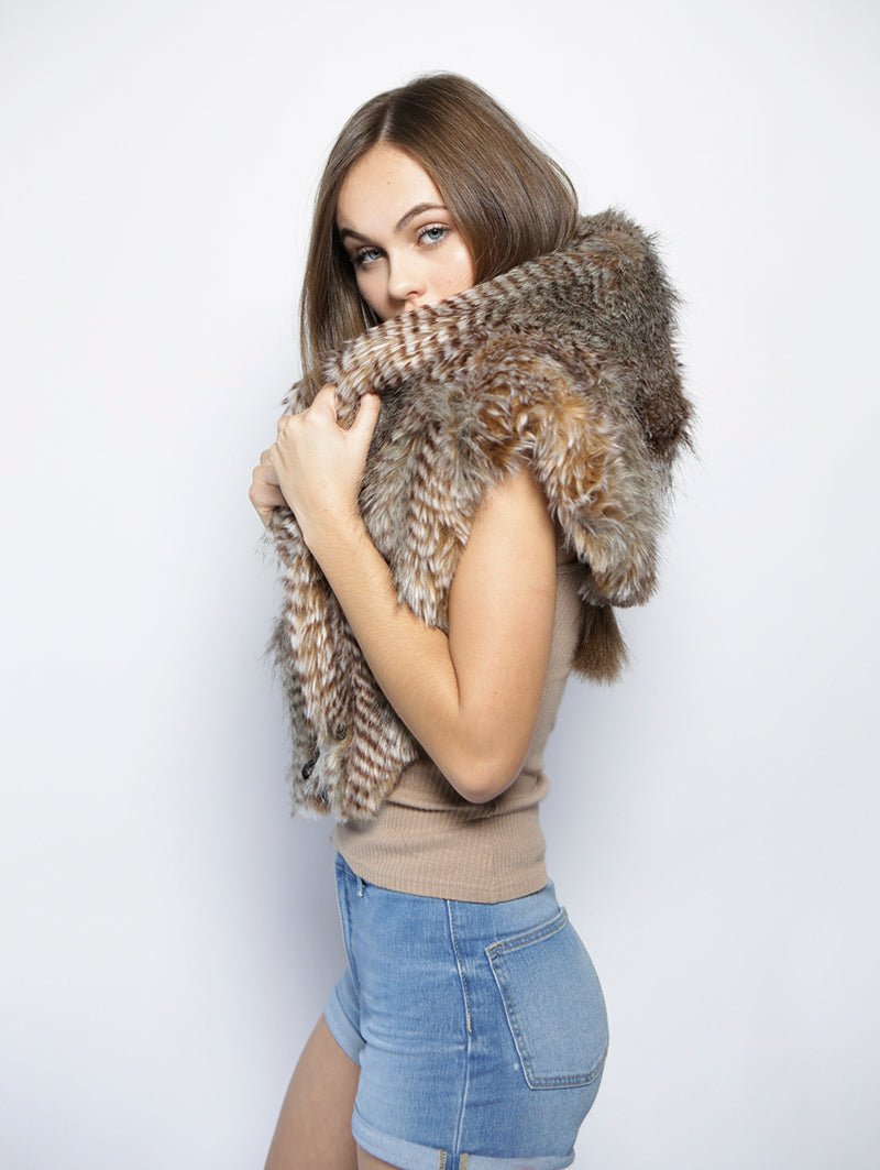 Woman wearing faux fur NightHawk Shawl, side view