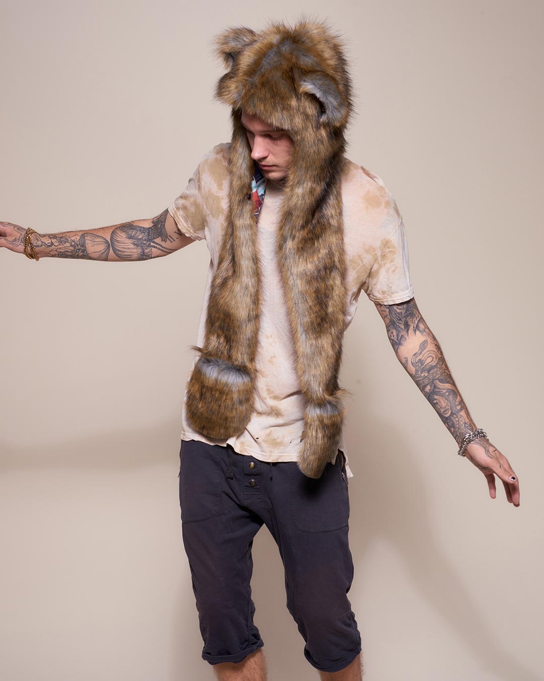 Man wearing National Park Bear Collector Edition Faux Fur Hood, front view