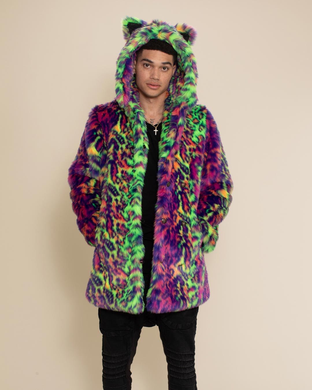 Man with hands in pockets, wearing Disco Leopard Cat Faux Fur Jacket with hood and ears up. Stylish, cozy faux fur look.