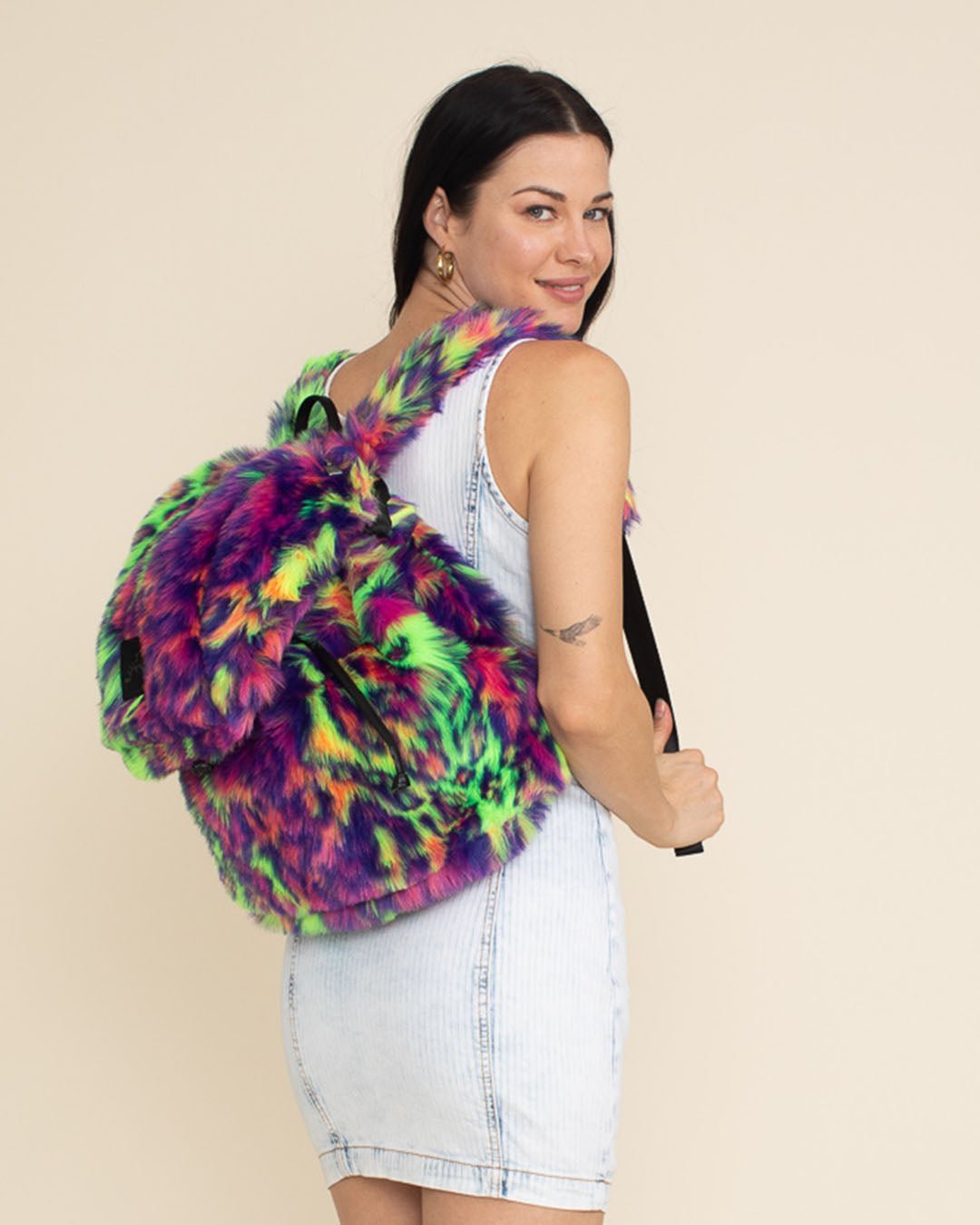 Neon Disco Kitty Faux Fur Backpack