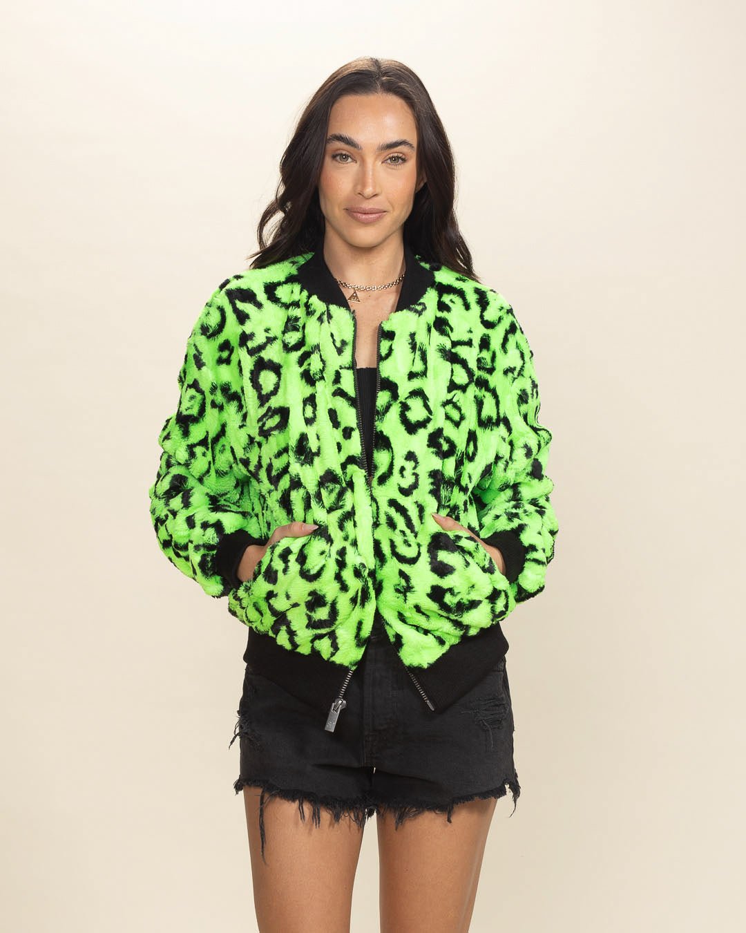 Women's Colorful Faux Fur Jacket | Neon Green Leopard