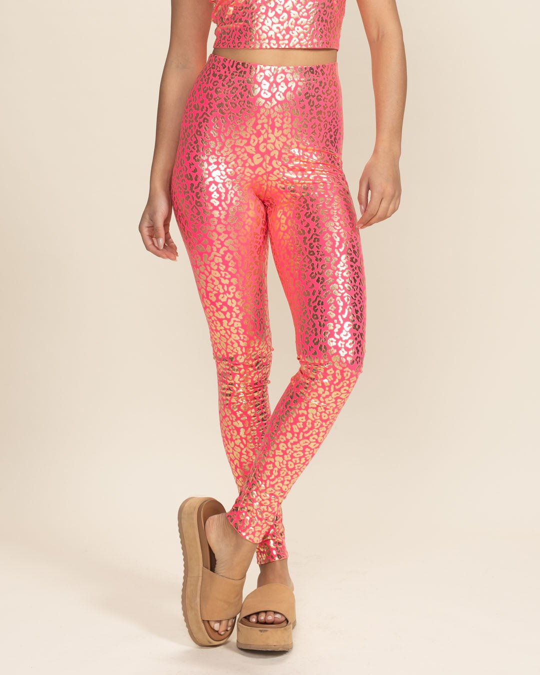 Women&#39;s Metallic Leggings | Neon Metallic Pink Leopard