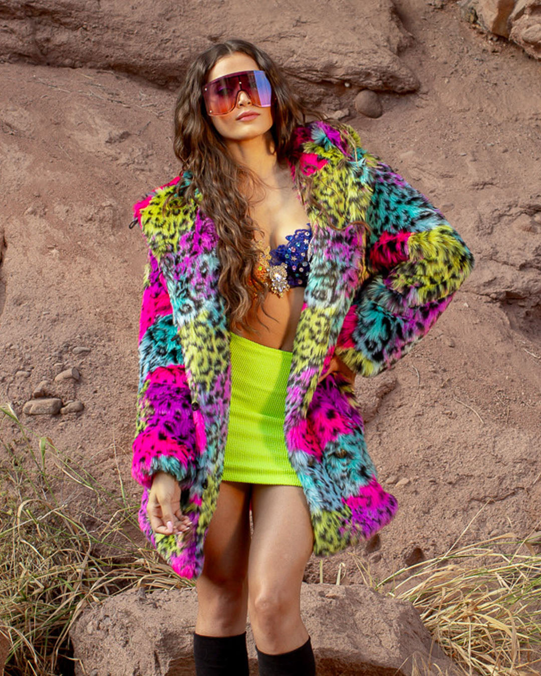 SpiritHoods Neon Animal Print Colorful Patchwork Faux Fur Womens Coat