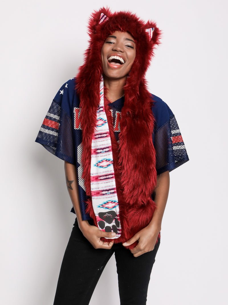 Woman wearing faux fur Fire Wolf CE SpiritHood