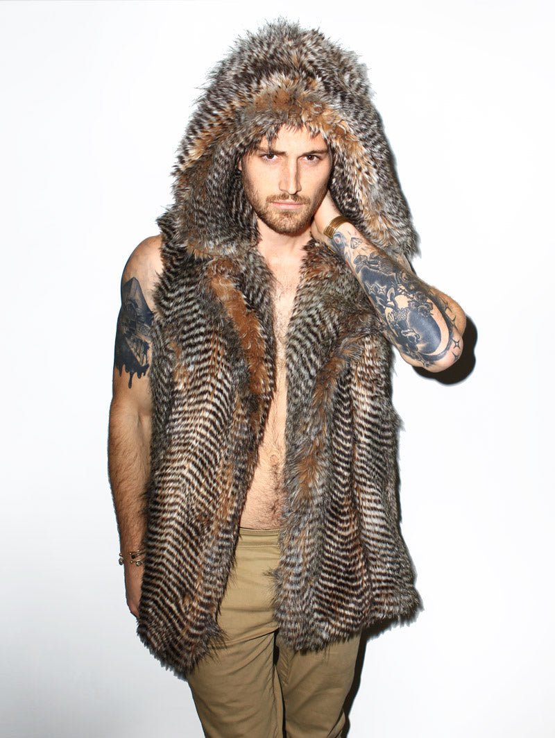 Man wearing Nighthawk Hooded Faux Fur Vest