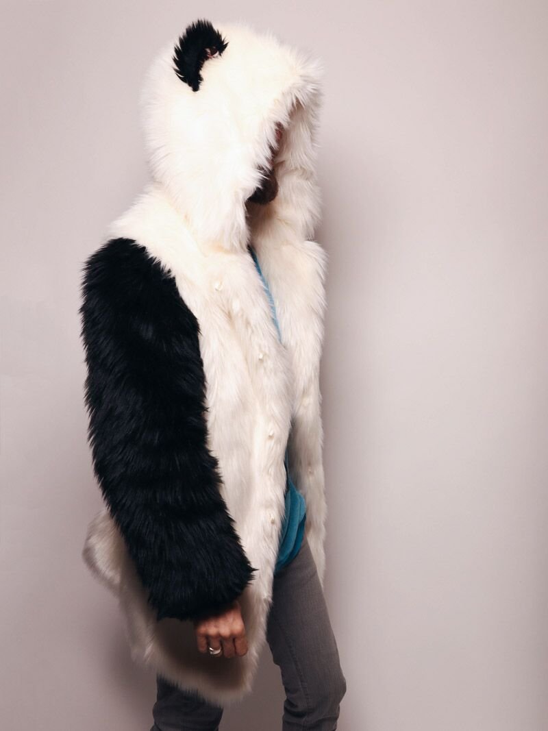 Man wearing Limited Edition Panda Faux Fur Coat, side view