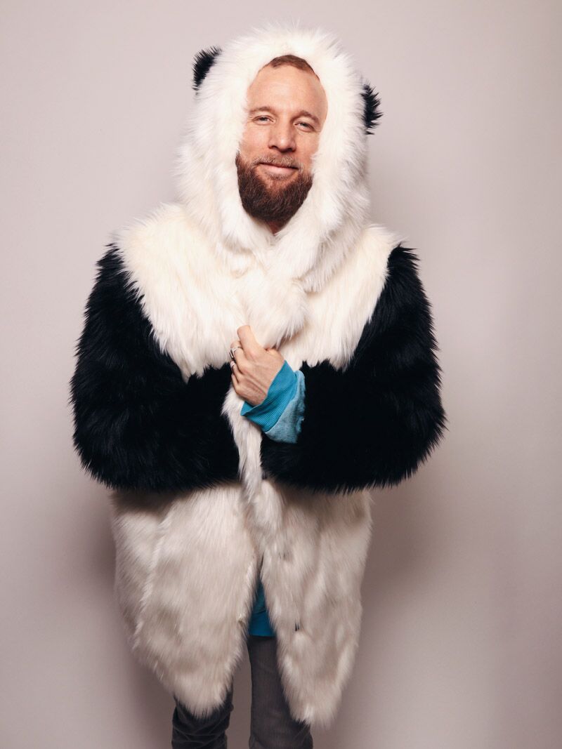 Man wearing Limited Edition Panda Faux Fur Coat, front view 1