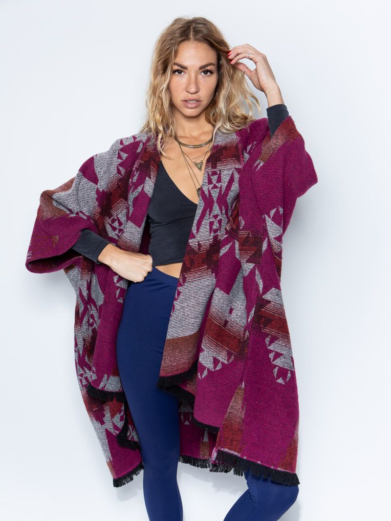 Woman wearing Grey Fox Fabric Poncho, front view