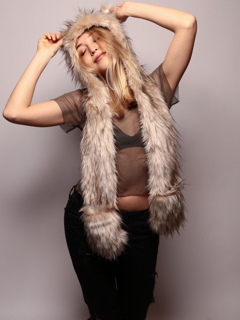 Woman wearing faux fur Platinum Fox CE SpiritHood, front view 2