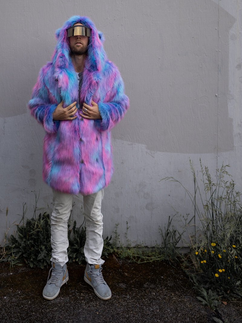 Dude in space sunglasses outdoors, wearing the Cotton Candy Bear faux fur coat with hands on his lapels.