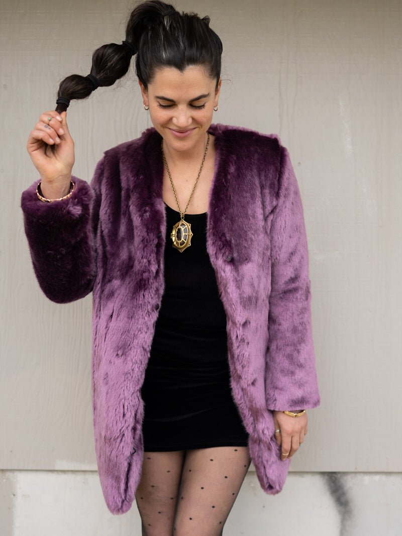 Lavender Wolf V-Neck Luxe Faux Fur Coat on Female Model