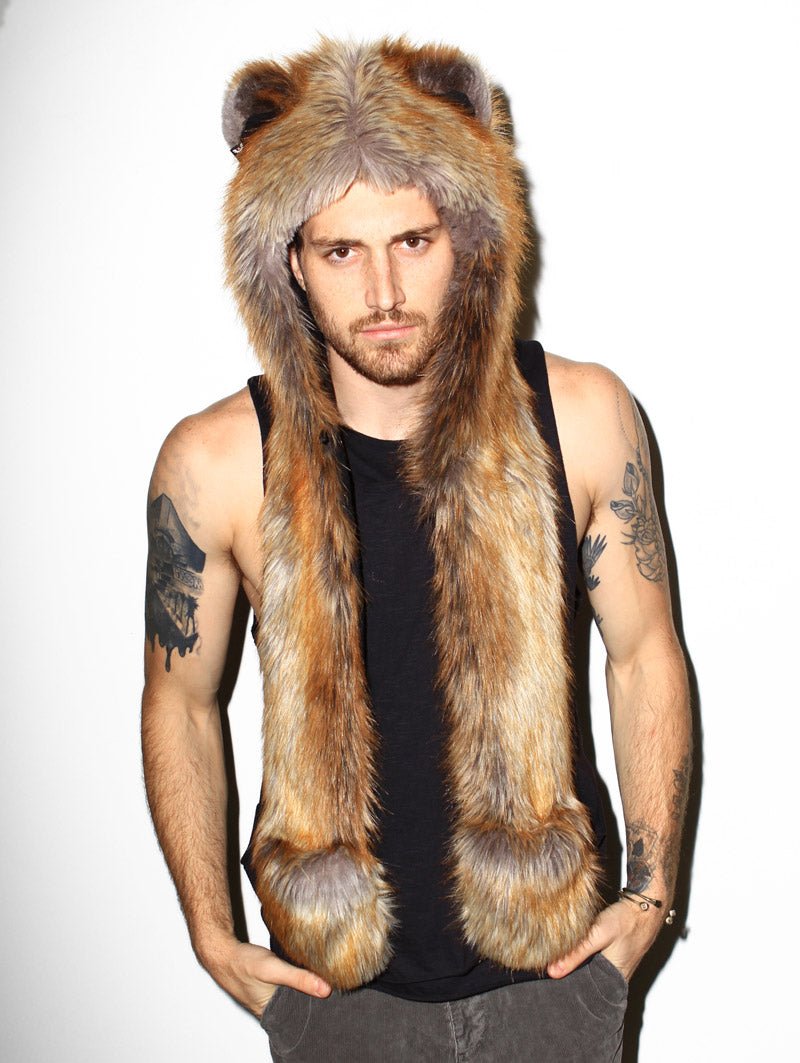 Man wearing Red Fox Faux Fur Hood, front view 3