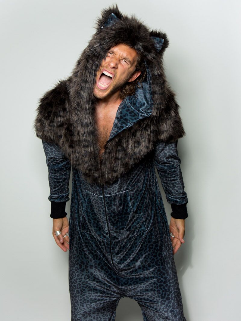 Man wearing Black Panther Faux Fur Velvet Onesie, front view 2